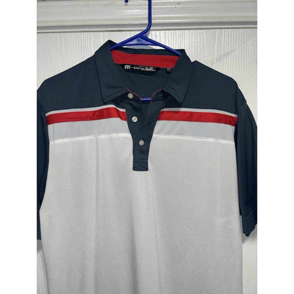 Men's TRAVIS MATHEW Golf Polo Shirt Gray Blue White Stripe Size Medium M